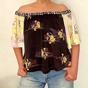 NWT Free People Off Shoulder Blouse Top Sz. M Color Black Yellow floral SRP $78